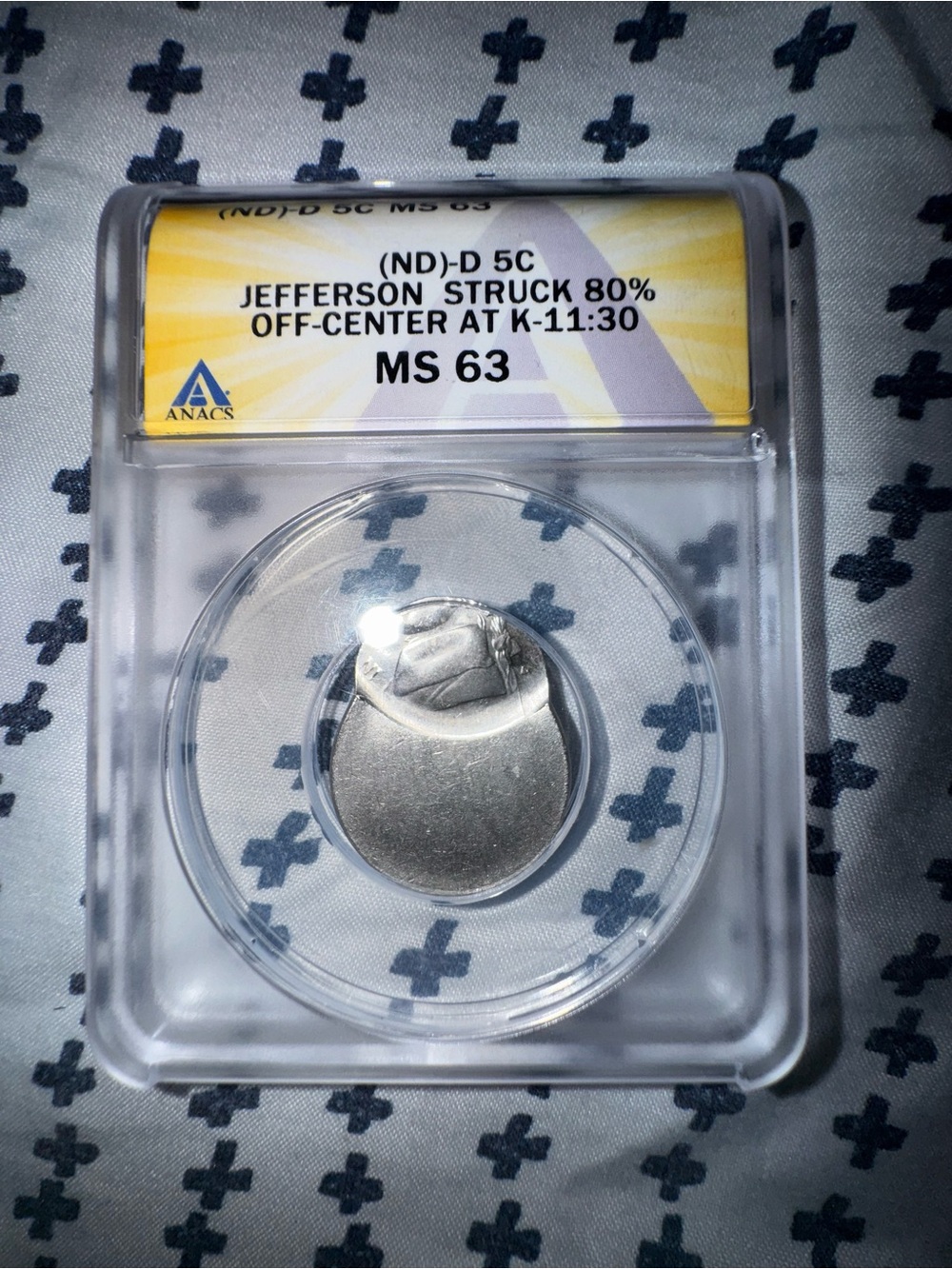 Major Error (ND)-D Jefferson Nickel Struck 80% Off Center MS63